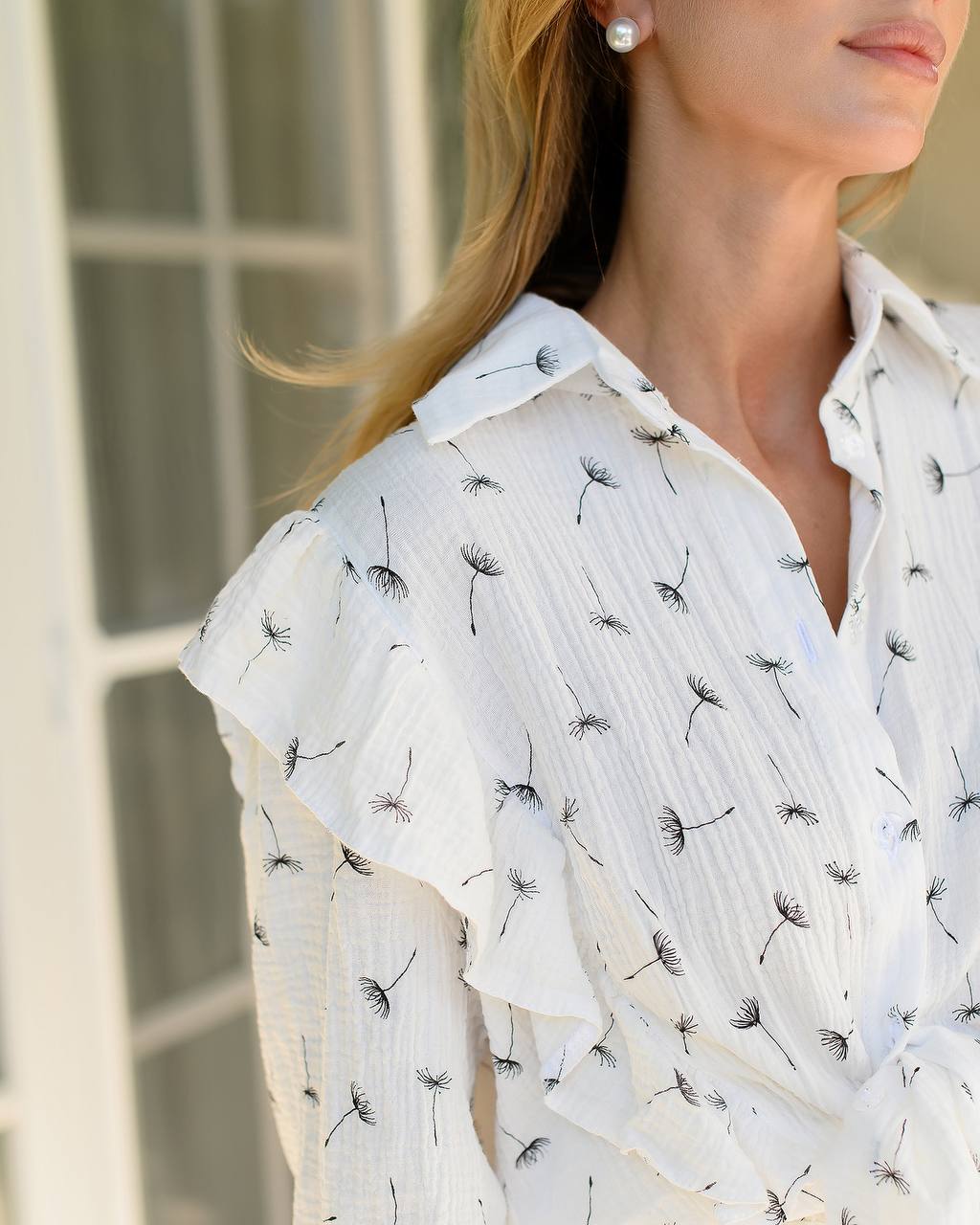 Womens Muslin Shirt and Shorts Set with Dandelion Print