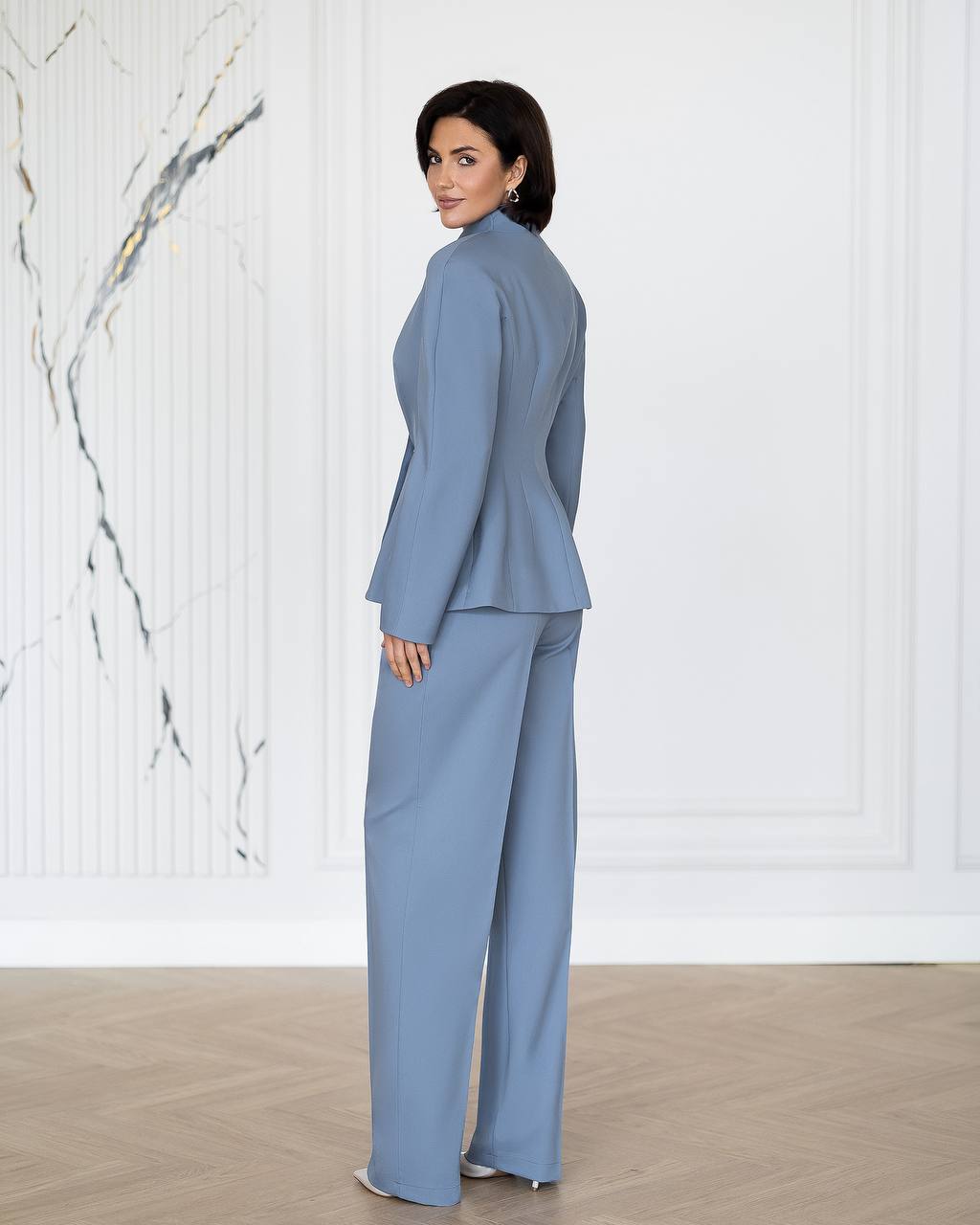 Womens Tailored Two Piece Suit with Stand Collar Jacket and Wide Leg Trousers