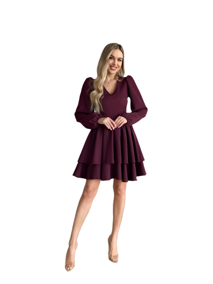Elegant Burgundy Long Sleeve Layered Mini Dress