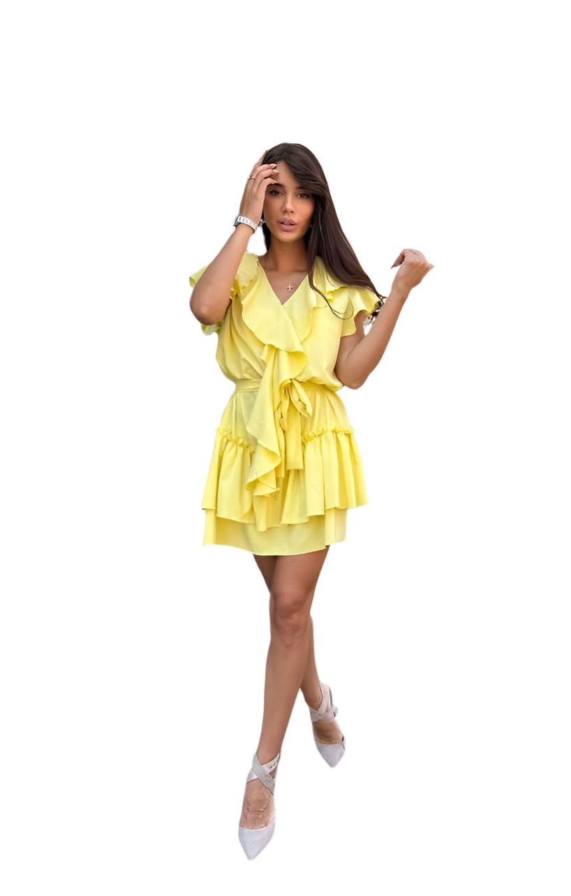 Woman wearing a yellow dress on a white background