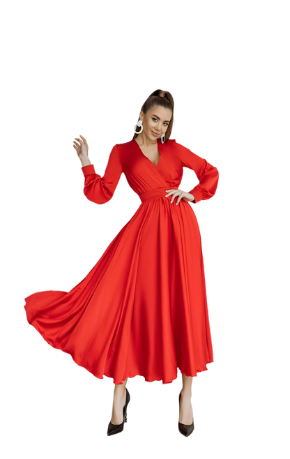 Elegant Red Silk Long Sleeve Dress for Women