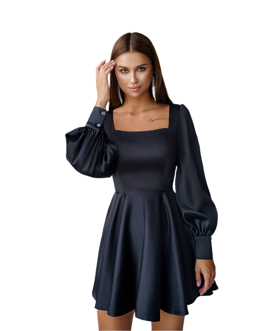 Elegant Black Satin Mini Dress for Women with Long Puff Sleeves