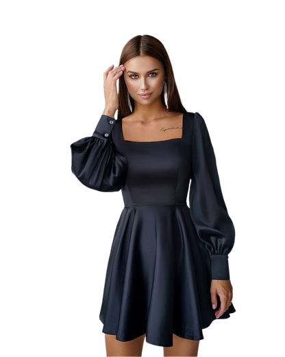 Elegant Black Satin Mini Dress for Women with Long Puff Sleeves