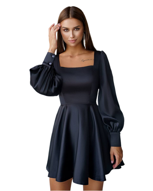 Elegant Black Satin Mini Dress for Women with Long Puff Sleeves