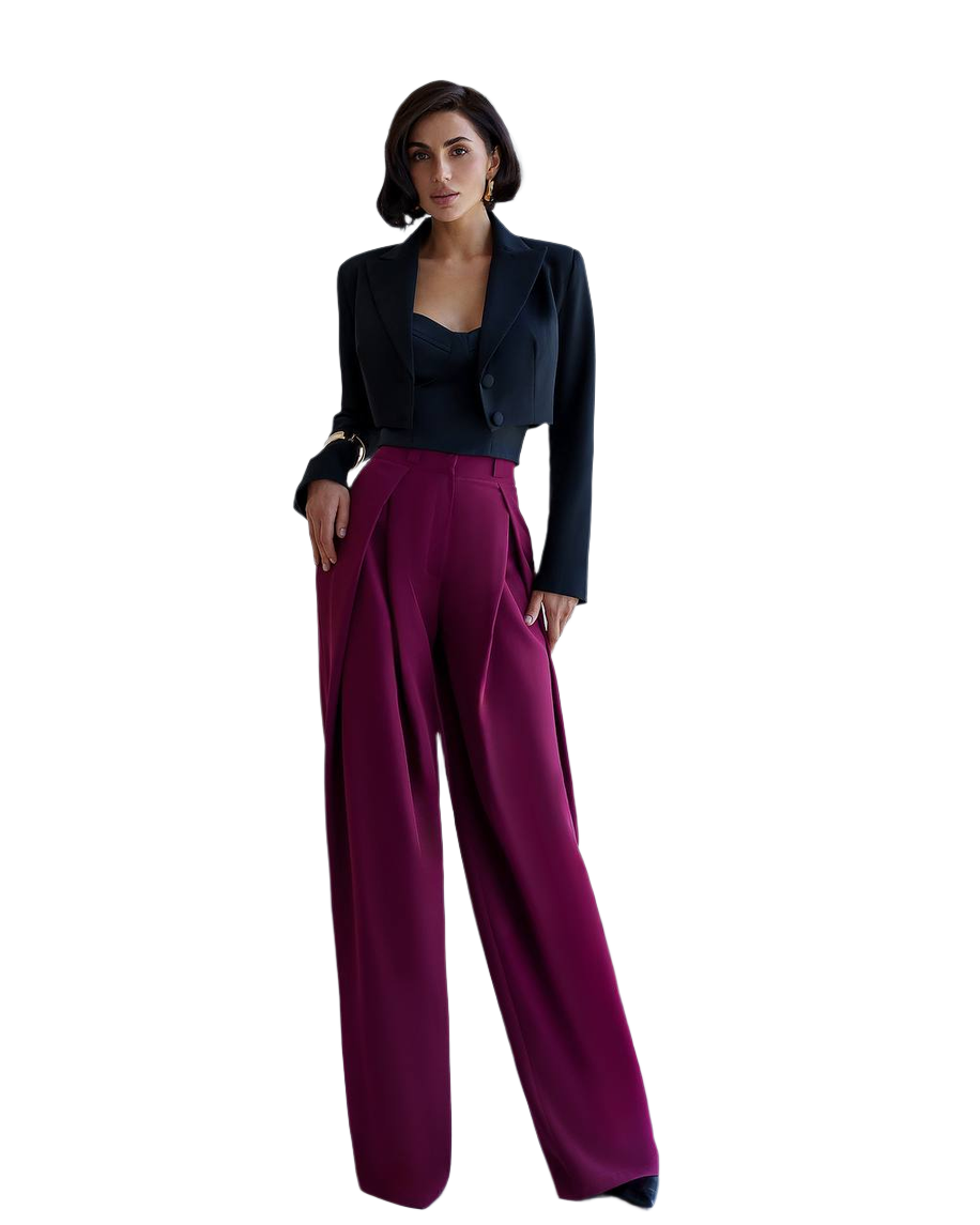 Womens Palazzo Pants Premium Suit Crepe Diagonal Fabric Burgundy
