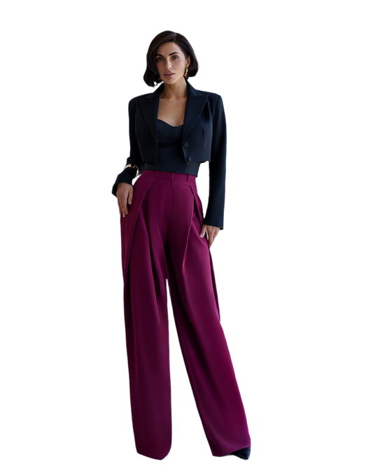Womens Palazzo Pants Premium Suit Crepe Diagonal Fabric Burgundy