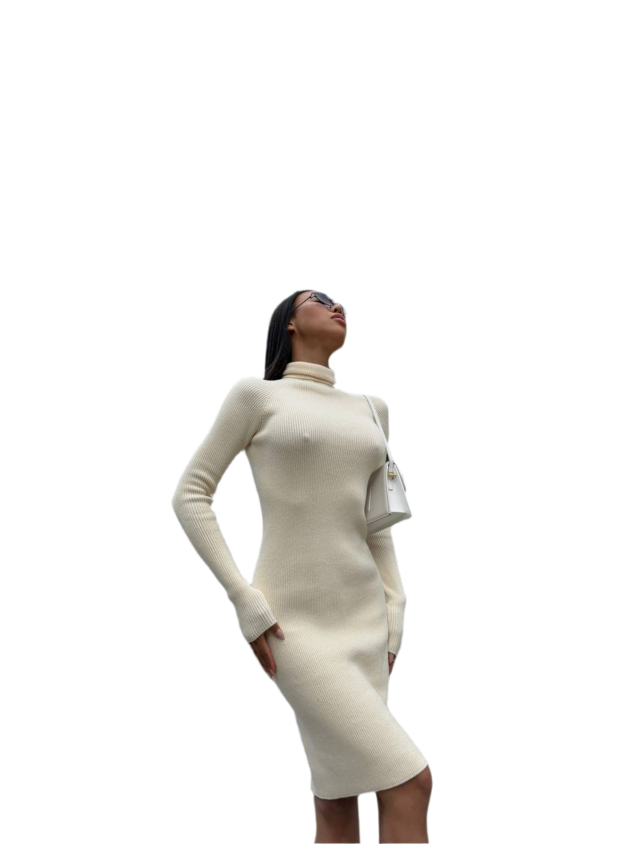 White long-sleeve dress worn by a model on a white background