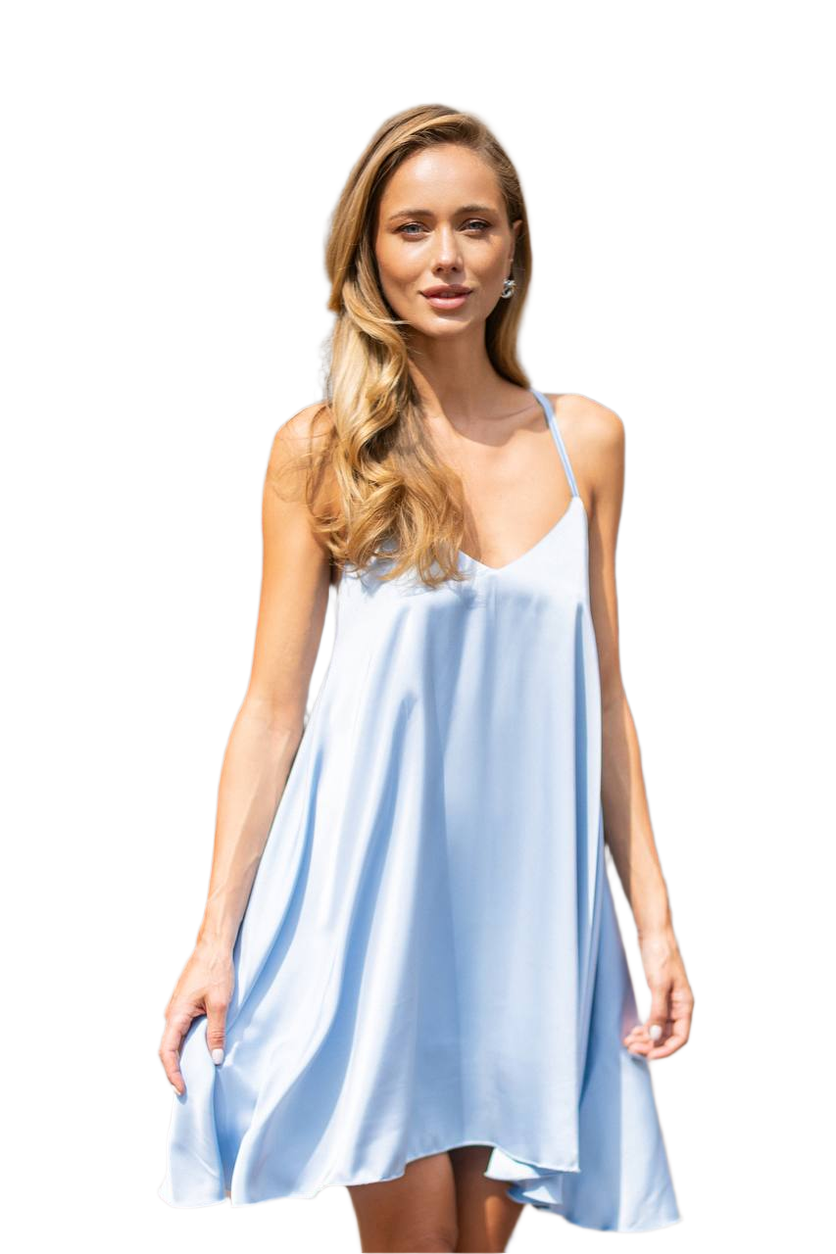 Light Blue Satin Spaghetti Strap Dress for Women