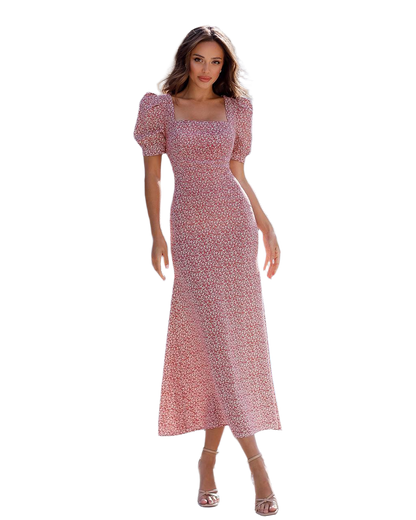 Women Floral Print Midi Dress with Puff Sleeves