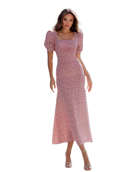 Women Floral Print Midi Dress with Puff Sleeves