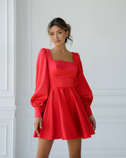 Royal Mango Satin Mini Dress with Puff Sleeves for Women