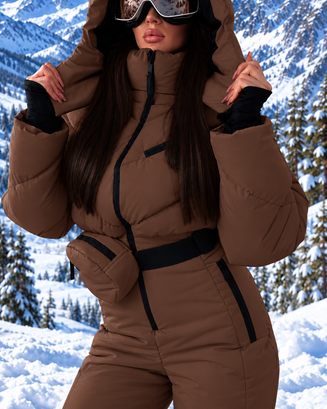 Women's Chocolate Brown Ski Jumpsuit – Premium Insulated One-Piece Snowsuit with Puffer Jacket Top, Fitted Ski Pants and Matching Waist Bag