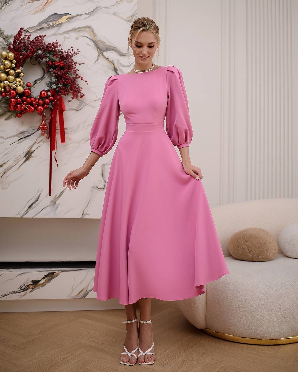 Elegant Midi Dress in Premium Diagonal Suiting Crepe with Puff Sleeves and Back Cutout