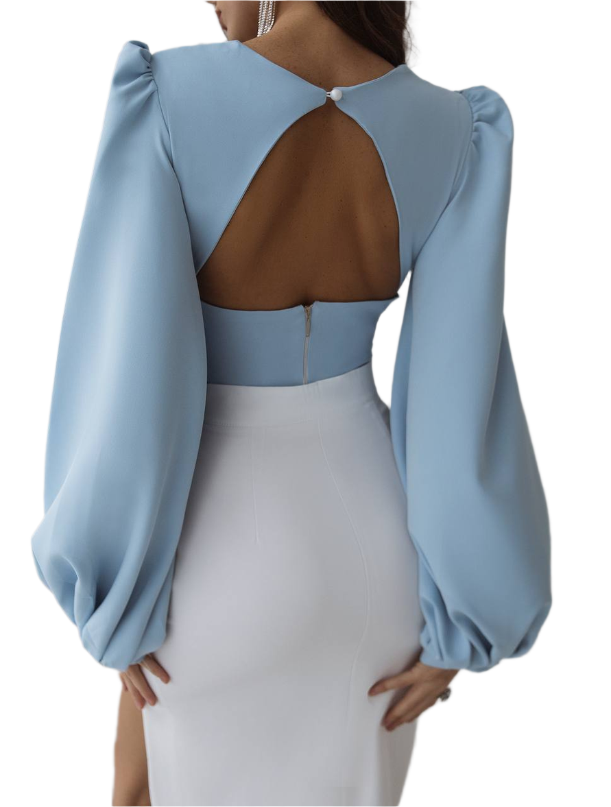 Light blue dress with sheer back on a white background