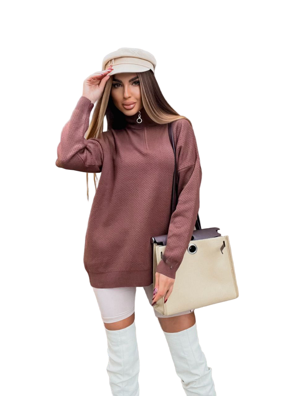 Oversized Zipper Turtleneck Sweater Brown Wool Blend
