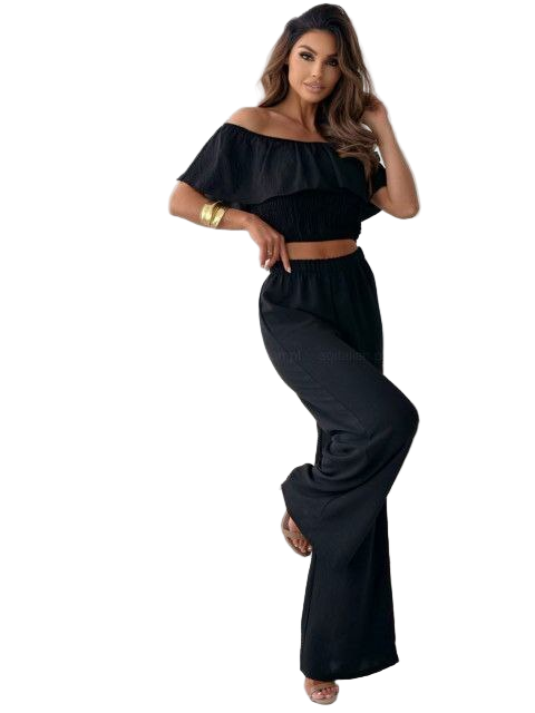 Elegant Black Two-Piece Set with Off-Shoulder Top and High Waist Pants