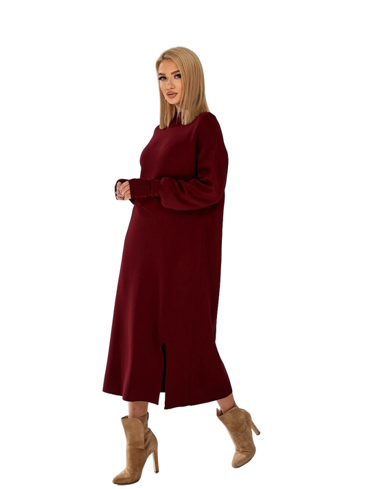 Oversized Burgundy Knit Long Dress Warm Sweater Dress with Finger Slit Sleeves
