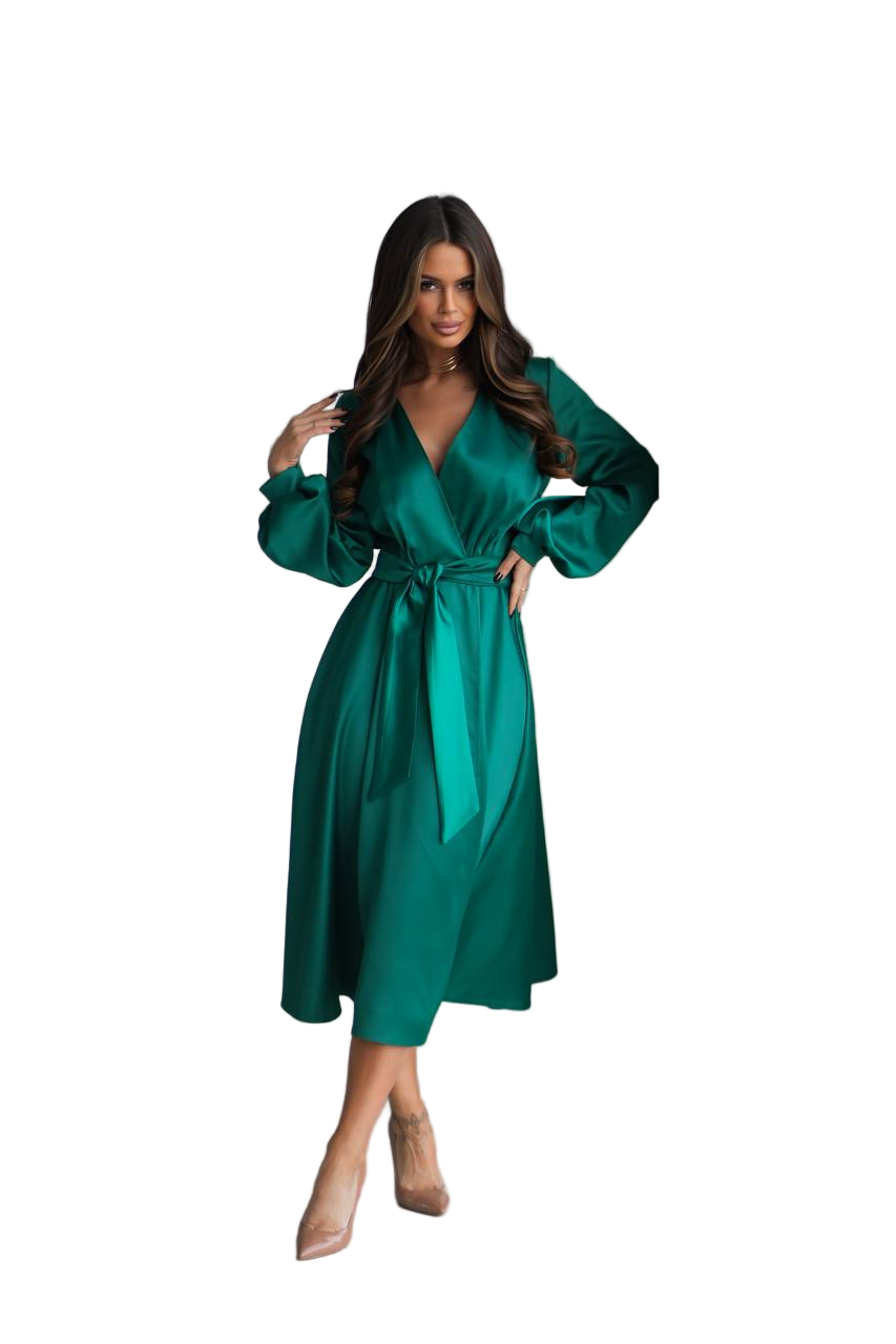 Emerald Green Satin Wrap Dress V Neck Long Sleeve Belted Midi