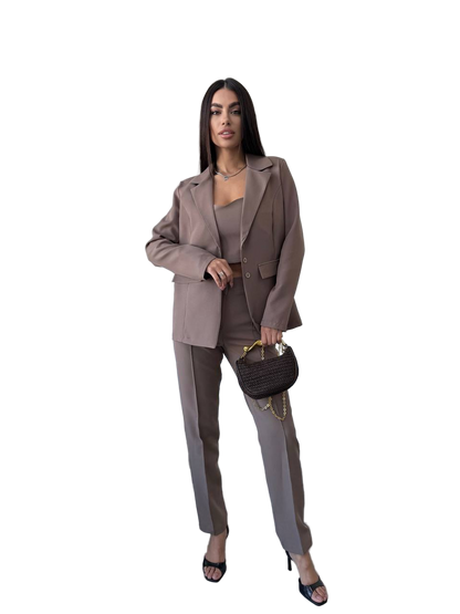 Stylish Women's Three-Piece Suit Taupe Color with Blazer, Top, and Pants