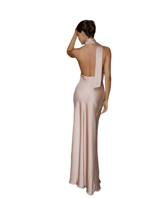 Elegant Backless Maxi Dress in Dense Satin Fabric