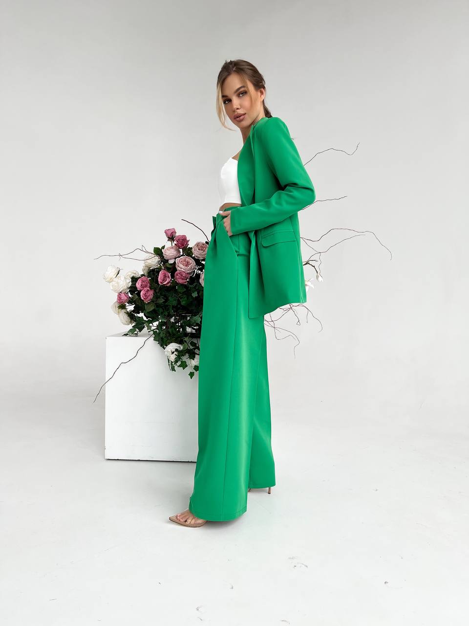 Grass Green Palazzo Suit Diagonal Crepe Womens Wide Leg Two Piece