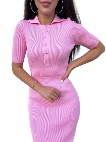 Brenda Pink Ribbed Knit Dress for Women Elastic Fit Midi Length