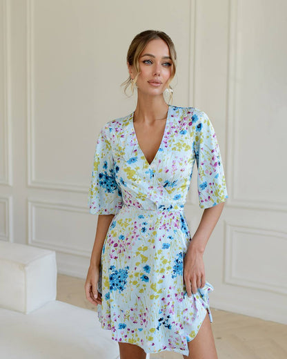 Womens Floral Print Silk Wrap Mini Dress with Tie Waist