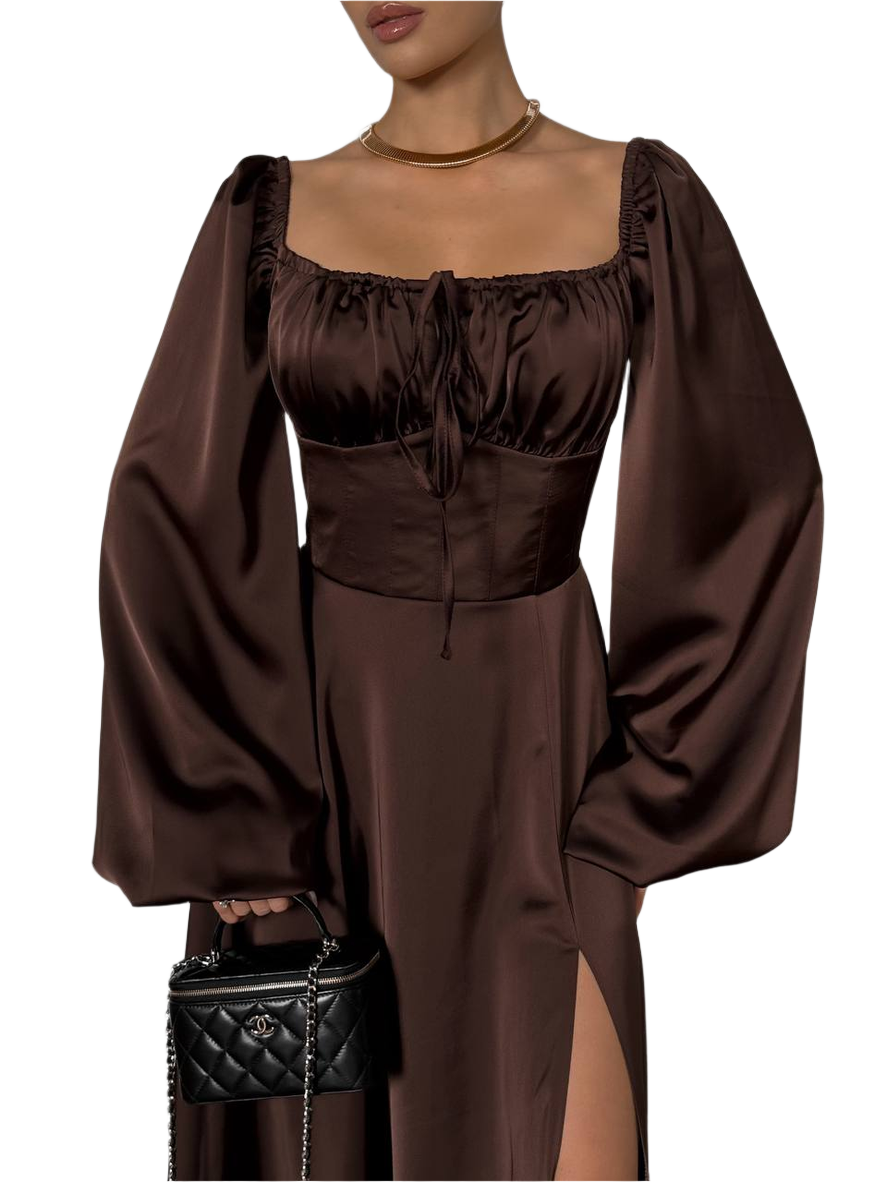 Brown satin dress with wide sleeves on a white background