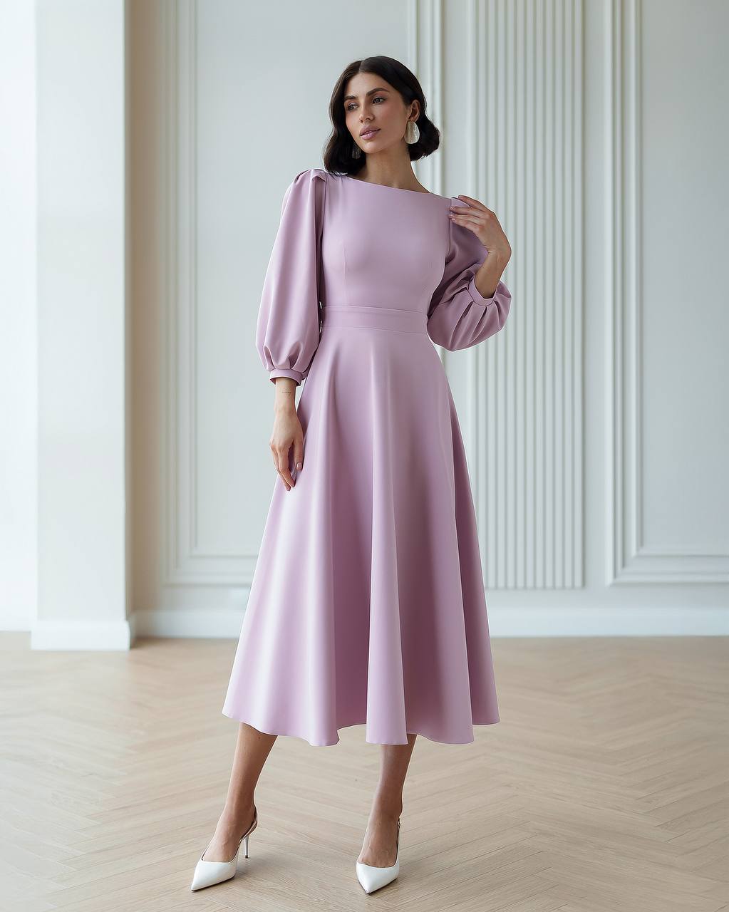 Elegant Midi Dress in Premium Diagonal Suiting Crepe with Puff Sleeves and Back Cutout
