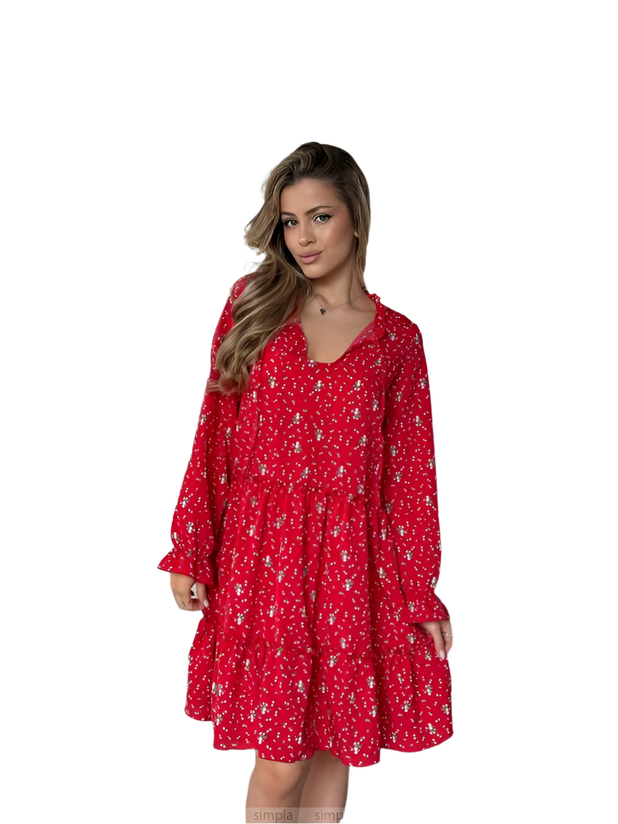 Red Floral Loose Fit Dress with Side Pockets and Tie Neck Detail