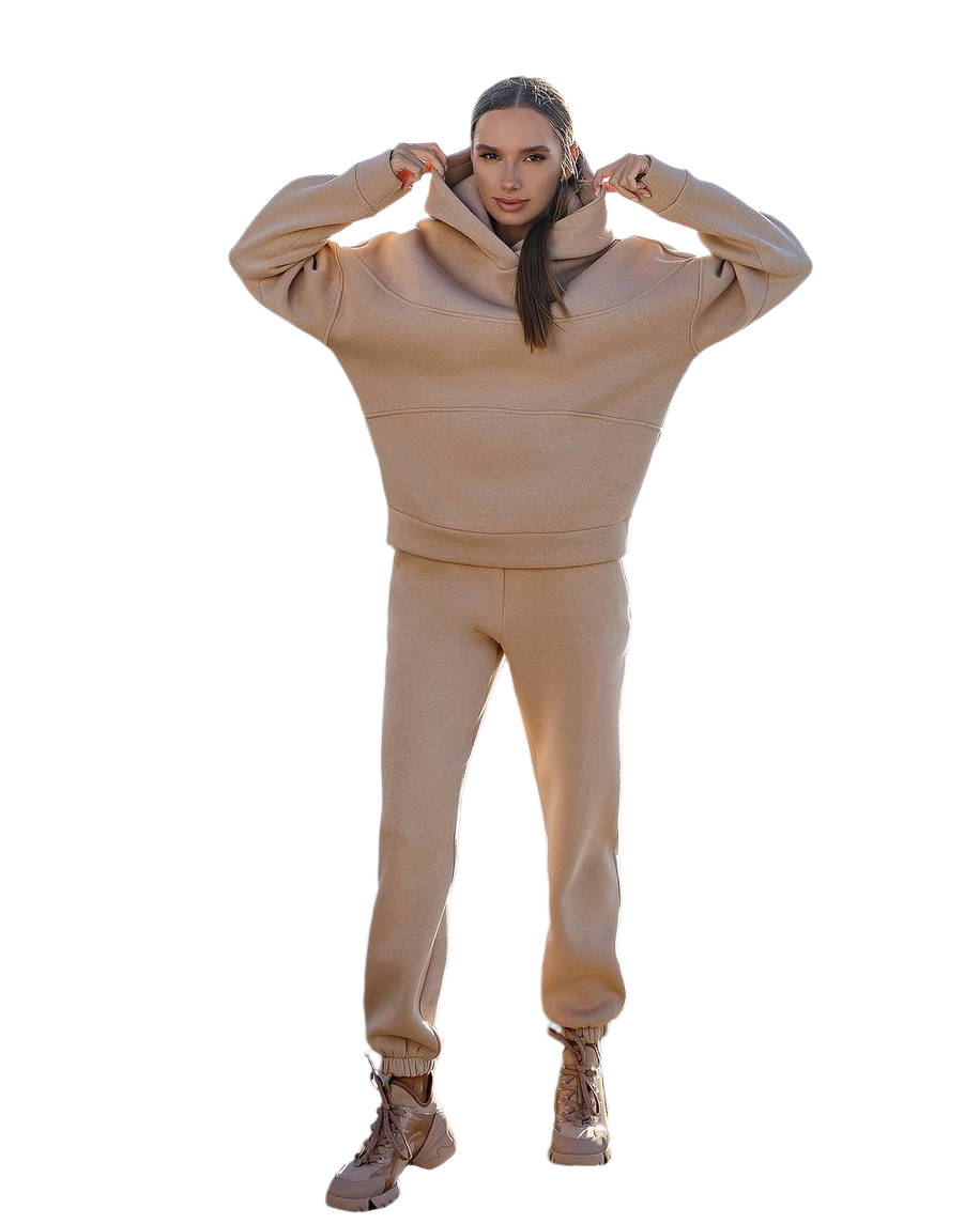 Womens Beige Lux Triple-Knit Fleece Suit with Double-Layered Hood