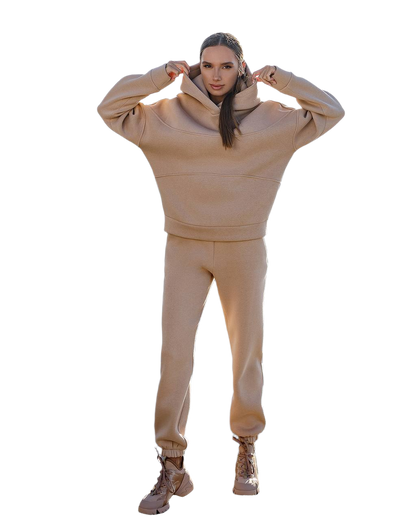 Womens Beige Lux Triple-Knit Fleece Suit with Double-Layered Hood