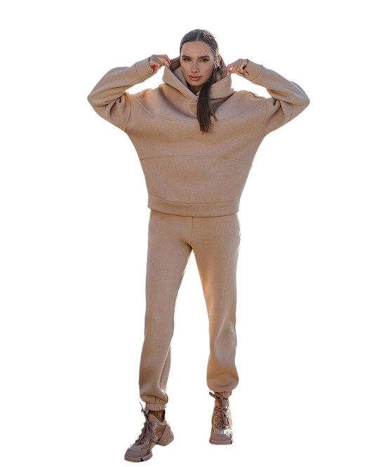 Womens Beige Lux Triple-Knit Fleece Suit with Double-Layered Hood