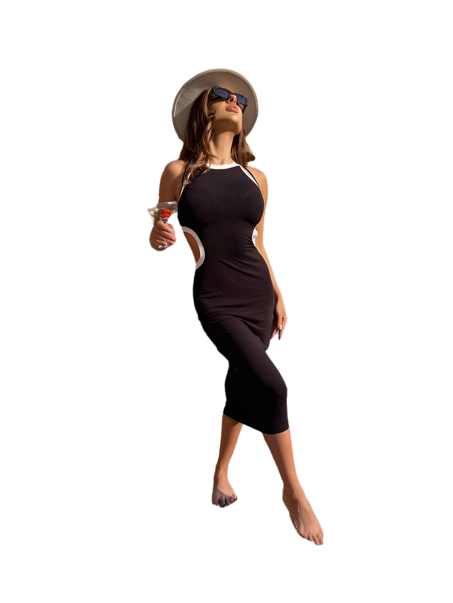 Black Midi Dress with White Trim Cutout Sides Casual and Evening Wear