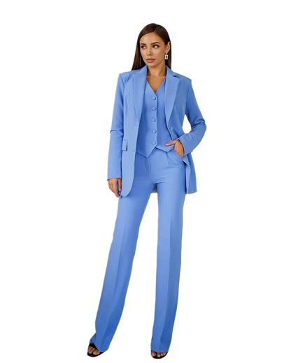 Three-Piece Women's Suit with Vest in Blue Diagonal Crepe Fabric