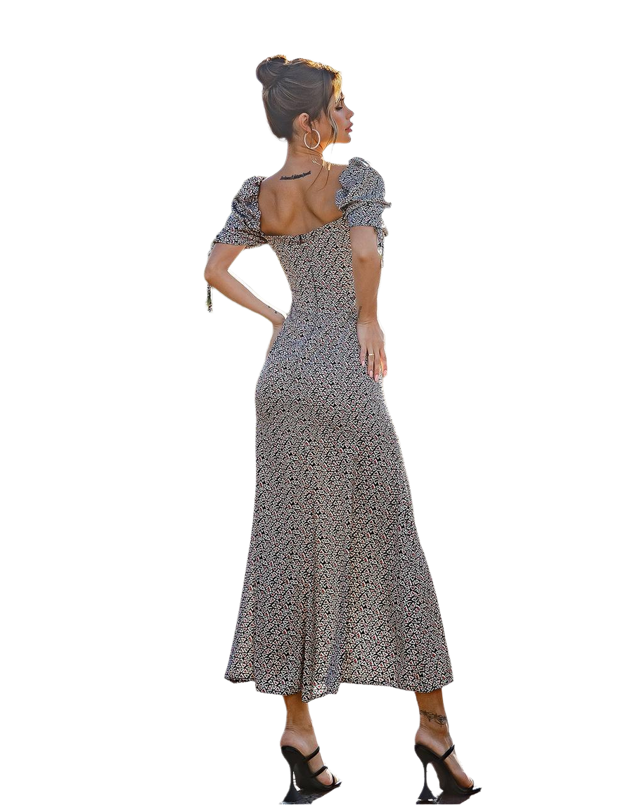 Printed Silk Puff Sleeve Midi Dress for Women