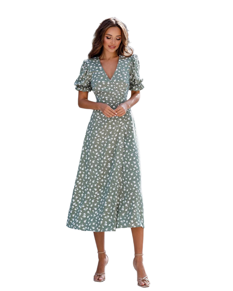 Elegant Crepe Twill Floral Midi Dress with Puff Sleeves