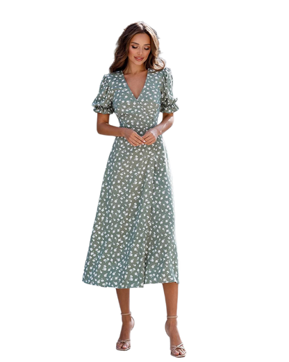 Elegant Crepe Twill Floral Midi Dress with Puff Sleeves