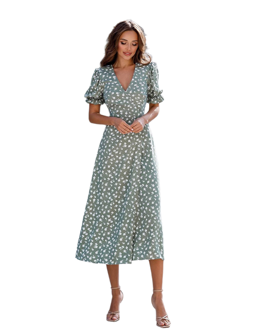 Elegant Crepe Twill Floral Midi Dress with Puff Sleeves