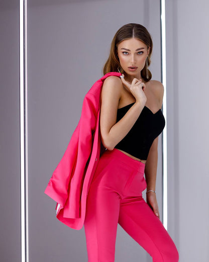 Womens Collarless Suit Jacket with Matching Pants in Raspberry