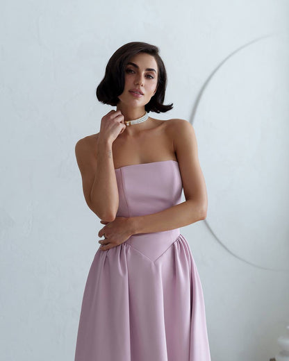 Strapless Midi Dress Women Premium Crepe Fabric Elegant Cocktail Dress