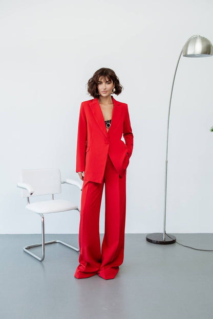 Red Diagonal Crepe Palazzo Suit Women Tailored Blazer Wide Leg Pants