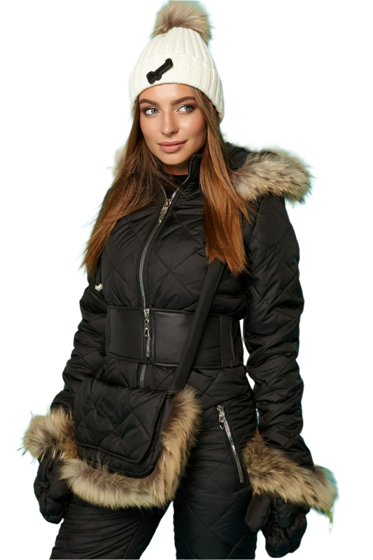 Women's Winter Ski Jumpsuit with Natural Raccoon Fur Trim