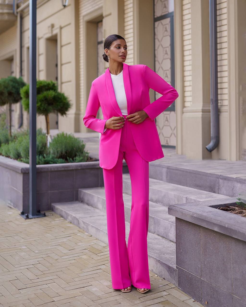 Womens Pink Suit with Lined Blazer and Flared Pants