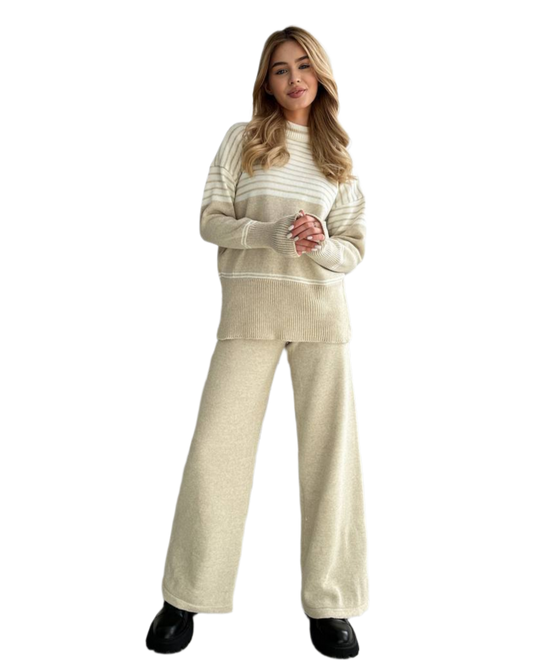 Womens Fine Knit Two-Piece Suit Light Beige Sweater and Wide Leg Pants