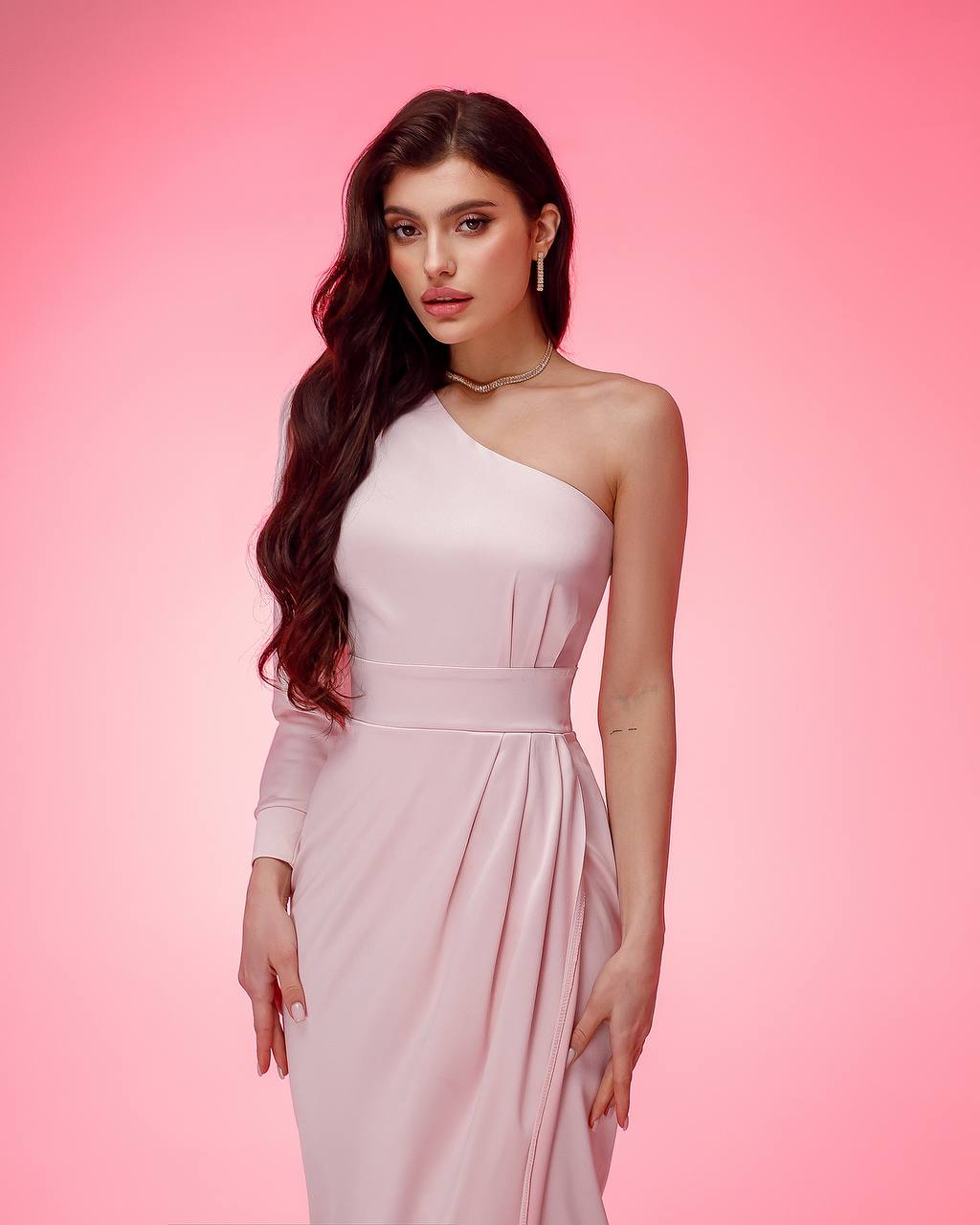 One-Shoulder Midi Dress in Powder Pink Satin