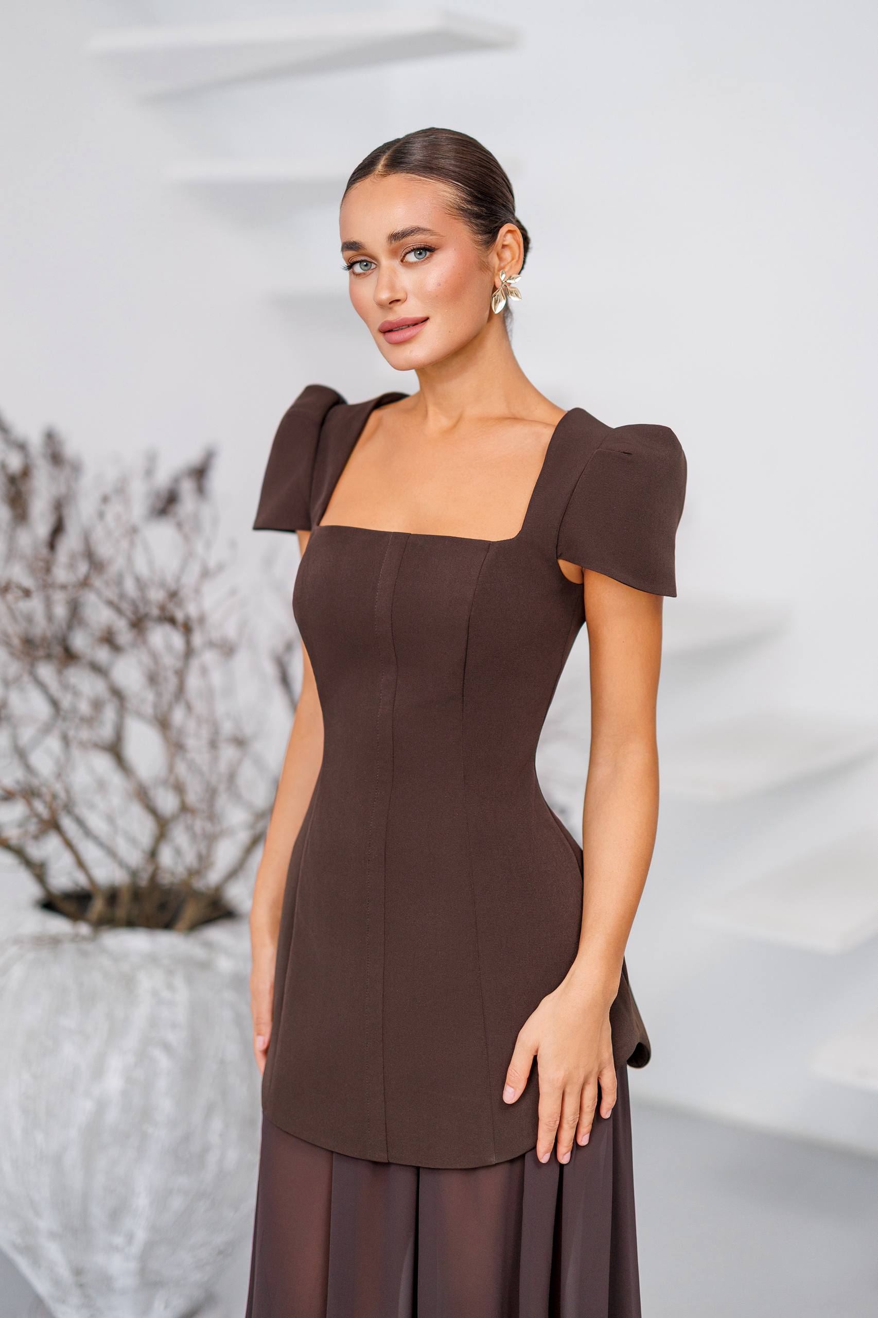 Chocolate Brown Peplum Dress with Chiffon Skirt Diagonal Crepe Evening Gown