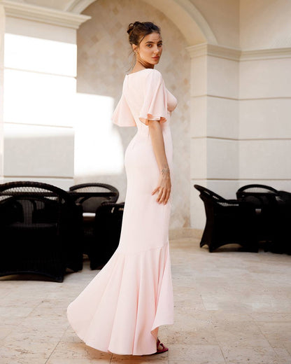 Elegant Pink Crepe-Silk Ruffle Maxi Dress for Women