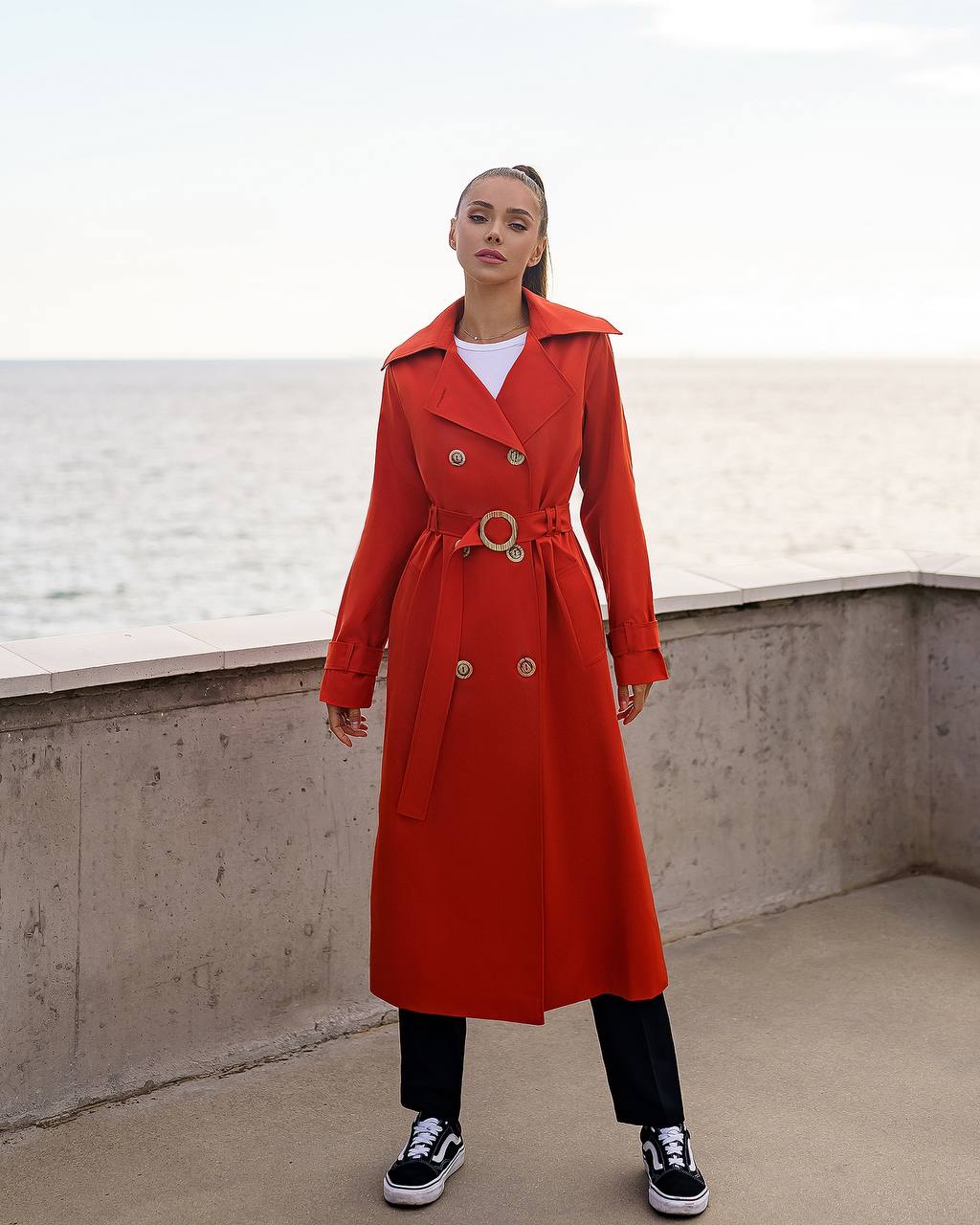 Stylish Red Trench Coat with Pockets and Belt for Women's Fashion