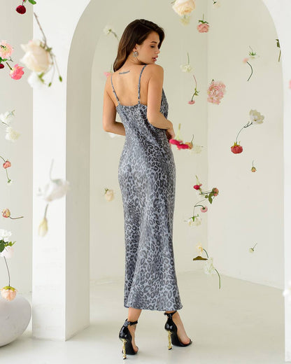 Elegant Satin Viscose Crystal Slip Dress in Leo Gray